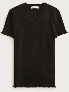 J Crew Black Ribbed Ruffle-trim Knit T-shirt in TENCEL lyocell blend Size L